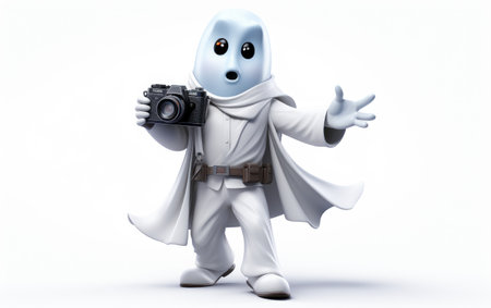 A White Ghost Hunter Taking Camera 3D Character Isolated on White Backgroundの素材
