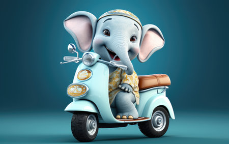 Electric Scooter Commuter Elephant Posing by Smiling 3D Character Isolated on White Background .の素材