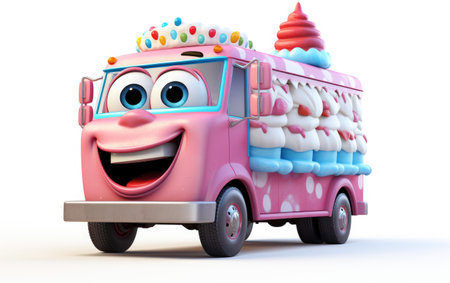 Happy Pink Color Ice Cream Truck Coming Having Different Flavors of Ice Cream 3D Character Isolated on White Backgroundの素材