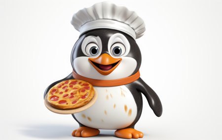Happy White and Black Color of Penguin Eating Yummy Pizza 3D Character Isolated on White Backgroundの素材