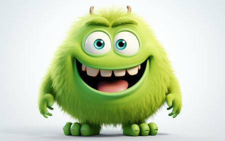 Funny Green Monster with Blue Eyes Showing his White Teeth 3D Character Isolated on White Backgroundの素材
