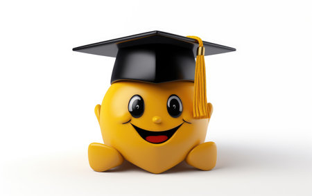 Smiling Emoji Wearing A Graduation Cap 3D Character Isolated on White Backgroundの素材