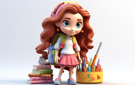 Cute Long Hair Girl with a Backpack and Ready for School 3D Character Isolated on White Backgroundの素材