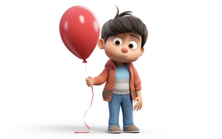Dejected Boy Holding a Deflated Balloon in Sad Mood 3D Character Isolated on White Backgroundの素材