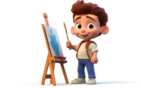 Happy Boy Painting the Chart with a Paintbrush 3D Character Isolated on White Backgroundの素材
