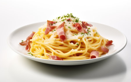 Italian Delight Reveling in the Aroma of Carbonara Pasta on White Backgroundの素材