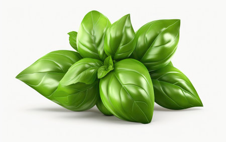 Herbal Elegance Embracing the Aroma of Basil Leaves on White Backgroundの素材