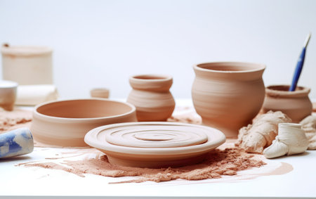 Collection of Beautiful Pottery Clay Sculpting Set Isolated on White Backgroundの素材