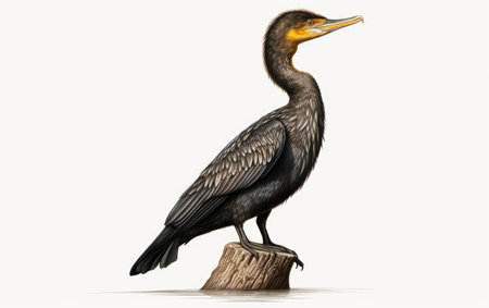 Black Cormorant Bird Sitting on a Wood Isolated on White Backgroundの素材