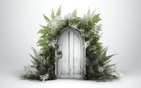 Frosty Fern Door Decorated with Flower Isolated on White Backgroundの素材