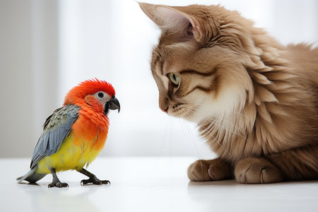 Feathery Companion Cat Parrot Tales on a White or Clear Surface PNG Transparent Backgroundの素材