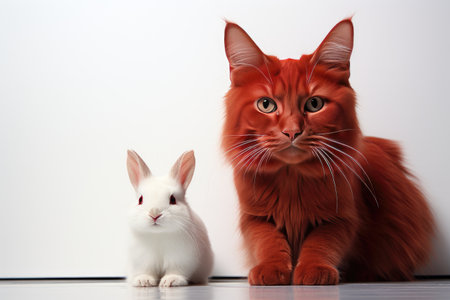 Crimson Bunny and Playful Kitty on a White or Clear Surface PNG Transparent Backgroundの素材
