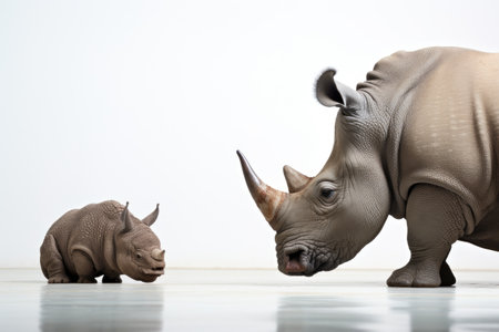 Horned Rhino and Inquisitive Cat on a White or Clear Surface PNG Transparent Backgroundの素材