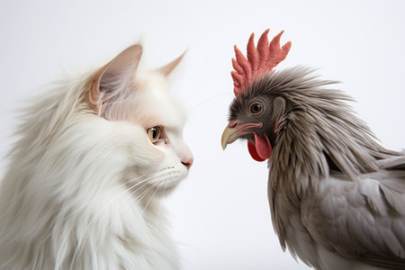 Serene Encounter Rooster and Cat on a White or Clear Surface PNG Transparent Backgroundの素材