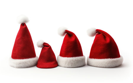 Red Santa Caps Collecting Festive Charm on a White or Clear Surface PNG Transparent Backgroundの素材
