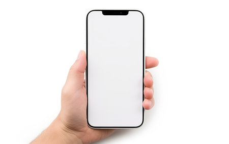 Digital Connection Hand Holds Smartphone Device on a White or Clear Surface PNG Transparent Backgroundの素材