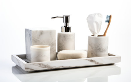 Set of White Color New Coordinating Bathroom Stock on White or PNG Transparent Backgroundの素材