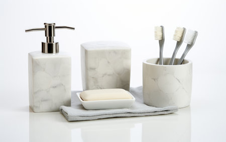 Set of White Color Gorgeous Coordinating Bathroom Stock on White or PNG Transparent Backgroundの素材