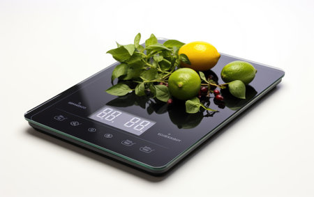 Electronic kitchen scales with fruits and vegetables. Dieting concept.の素材