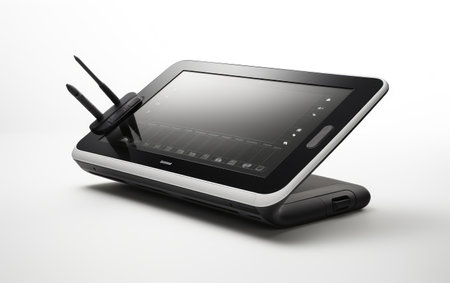Sleek Gray and Black Digital Tablet with Penの素材