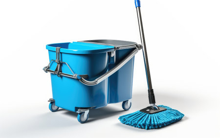 Modern Cleaning Companion Versatile Blue Plastic and Steel Mop Isolated on White Backgroundの素材