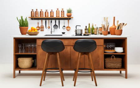 Functional Design Stylish Kitchen Island and Bar Stools Showcase Isolated on White Backgroundの素材