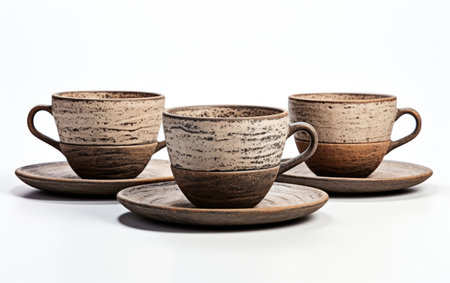 Clay Cups and Saucers Set, Artisanal Beauty Isolated on White Backgroundの素材