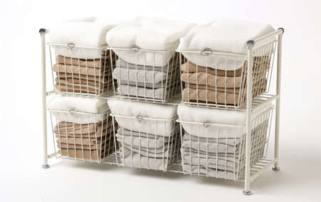 One Image of a Classic White Wire Rack with Woven Baskets Isolated on White Backgroundの素材
