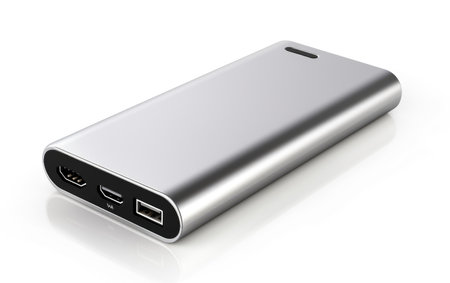 A Silver and Portable Power Bank for Mobile and Laptop, Offering a Charging Convenience with Well-Organized Design for Tech Enthusiastsの素材