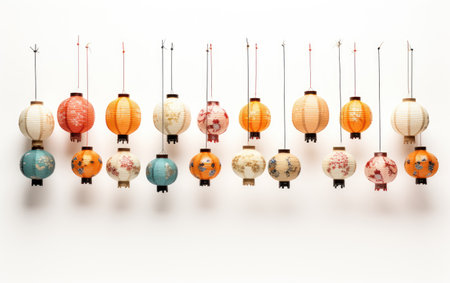 Decorative Hanging Lanterns Illuminating the Scene Isolated on White Backgroundの素材