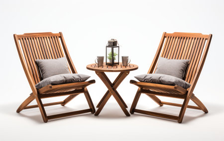 Explore a Set of Foldable Teak Chairs with a Matching Mat Isolated on White Backgroundの素材