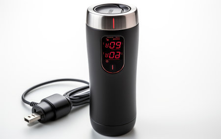 Travel Mug Boasting a Built In LED Thermometer Sip in Style Isolated on White Backgroundの素材