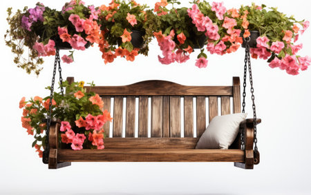 Wooden Swing Bench with Attached Plant Stand Outdoor Serenity Isolated on White Backgroundの素材