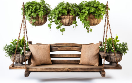 Wooden Garden Swing with a Serene Hanging Plant Canopy Isolated on White Backgroundの素材