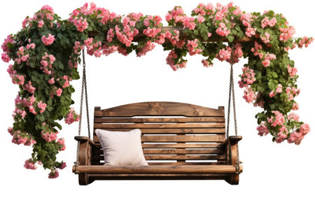 Wooden Garden Swing with Integrated Planter Nature's Embrace Isolated on White Backgroundの素材