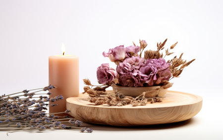 Wooden Candle Holder with Lit Charm Illuminating Elegance Isolated on White Backgroundの素材