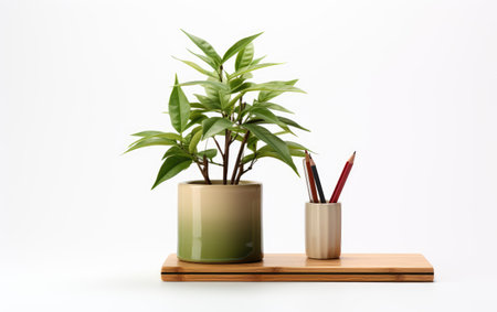 Stylish and Natural Wooden Pen Holder with Miniature Bamboo Charm Isolated on White Backgroundの素材