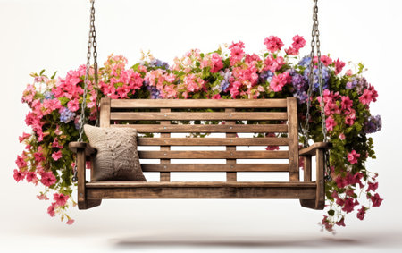 Green Oasis Wooden Swing Bench with an Attached Plant Haven Isolated on White Backgroundの素材