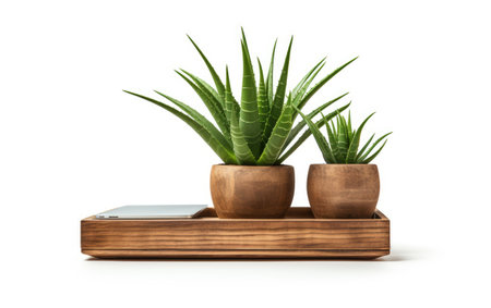Wooden Lap Desk with a Potted Aloe Vera Productivity in Style Isolated on White Backgroundの素材