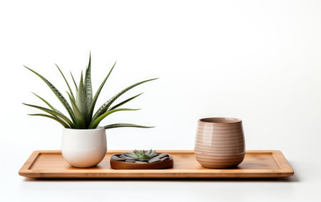 Elevate Your Workstation with a Wooden Lap Desk and Aloe Plant Isolated on White Backgroundの素材