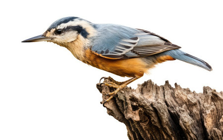 Wings of Whimsy Charming Nuthatch Clinging Side in Spotlight Isolated on White Backgroundの素材