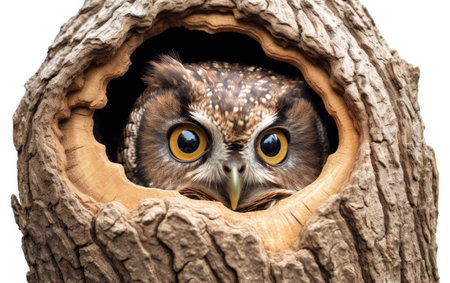 Owl Curiosity in Hollow Revealed Isolated on White Backgroundの素材