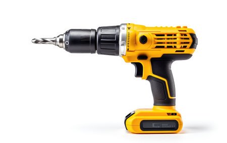 Durable Yellow Cordless Drill in Brilliant Detail Isolated on White Backgroundの素材
