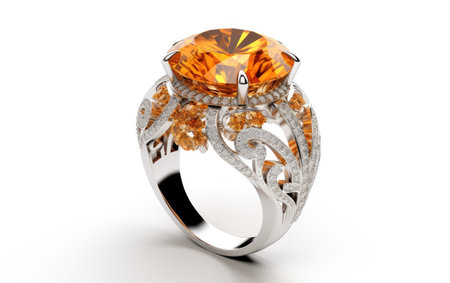 Diamond and Citrine Cocktail Ring Showcased Isolated on White Backgroundの素材
