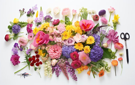 Flower Arranging Tools Artfully Arranging a Bouquet of Mixed Floralsの素材