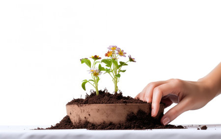 Cultivating Soil Around Tiny Potted Flowers Using a Hand Forkの素材
