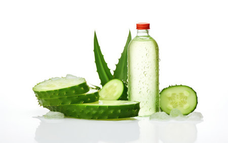 Exploring the Fusion of Aloe Vera and Cucumber in a Bathroom Cleaner Setting Isolated on White Backgroundの素材