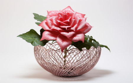A Single Flower Showcased in the Mesh Holder Isolated on White Backgroundの素材