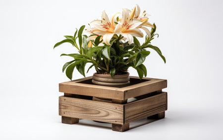 Wooden Crate Coffee Table Featuring a Lone Vase Isolated on White Backgroundの素材