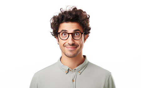 A Close Examination of the Amused Expression on a Man in Isolation Isolated on White Backgroundの素材